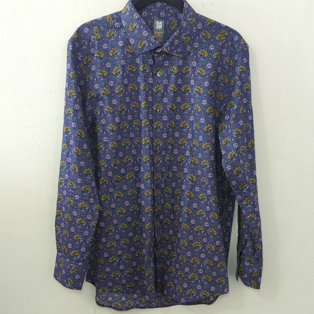 Stacy Adams Floral Dress Shirt Purple Blue Pink Yellow Modern Fit Men 16.5 34/35